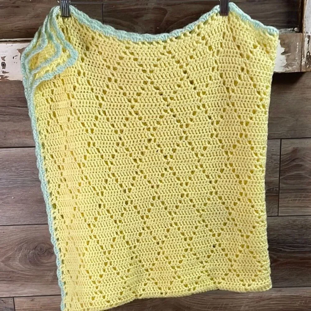 Crocheted Open Knit Infant Baby Blanket Handmade Yellow Blue Trim 62 X 62